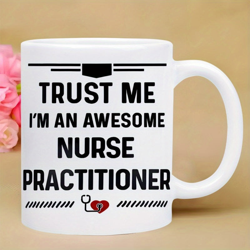 Tailorly White Ceramic 11 oz Mug - Trust Me Im An Awesome Nurse Practitioner Minimalist Medical Icons With Stethoscope Heart And Bold Block Lettering Nurse