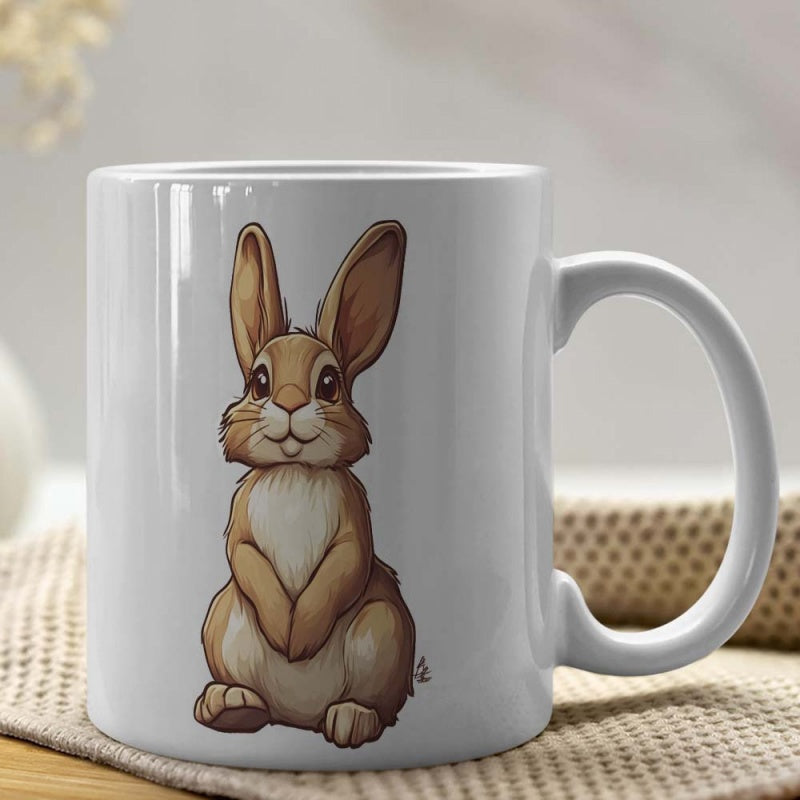 Tailorly White Ceramic 11 oz Mug - Adorable Brown Sitting Rabbit With Large Ears And Soft White Chest Rabbit