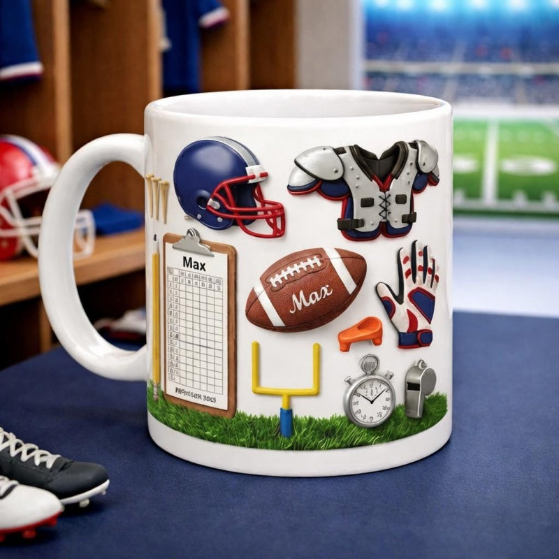 Tailorly White Ceramic 11 oz Mug - Max Professional American Football Equipment And Protective Gear Over Grass Football