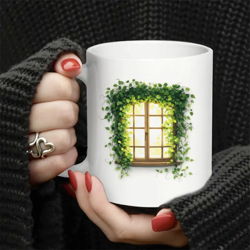 Tailorly White Ceramic 11 oz Mug - Lush Green Climbing Ivy Leaves Surrounding A Rustic Wooden Framed Sunlit Window