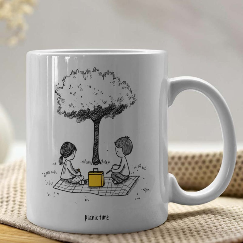 Tailorly White Ceramic 11 oz Mug - Picnic Time Hand Drawn Couple Sitting On A Blanket Beneath A Leafy Tree