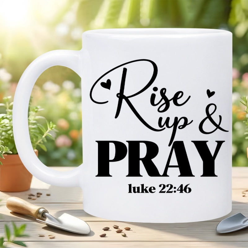 Tailorly White Ceramic 11 oz Mug - Rise Up Pray Luke 22 46 Minimalist Ceramic Surface Featuring Small Hearts And Bold Inspirational Text Mug