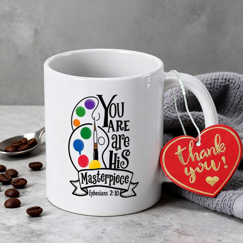 Tailorly White Ceramic 11 oz Mug - You Are His Masterpiece Ephesians 2 10 Artistic Palette With Vibrant Paint Dots And Slender Brush Palette