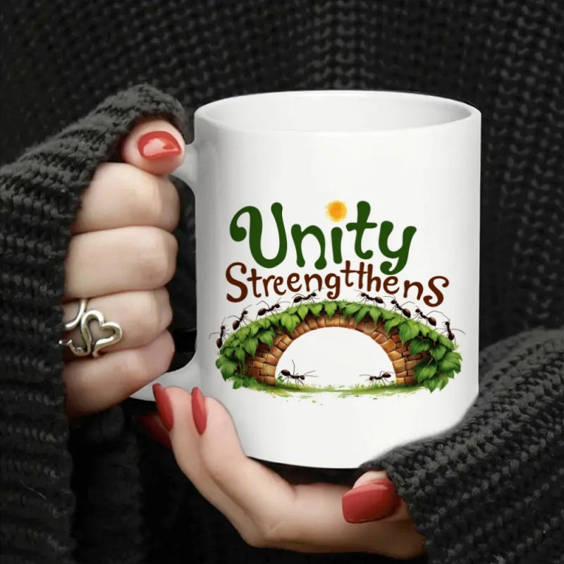Tailorly White Ceramic 11 oz Mug - Unity Strengtthens Miniature Colony Working Together Across Green Leafy Bridge Under Golden Sun Ant
