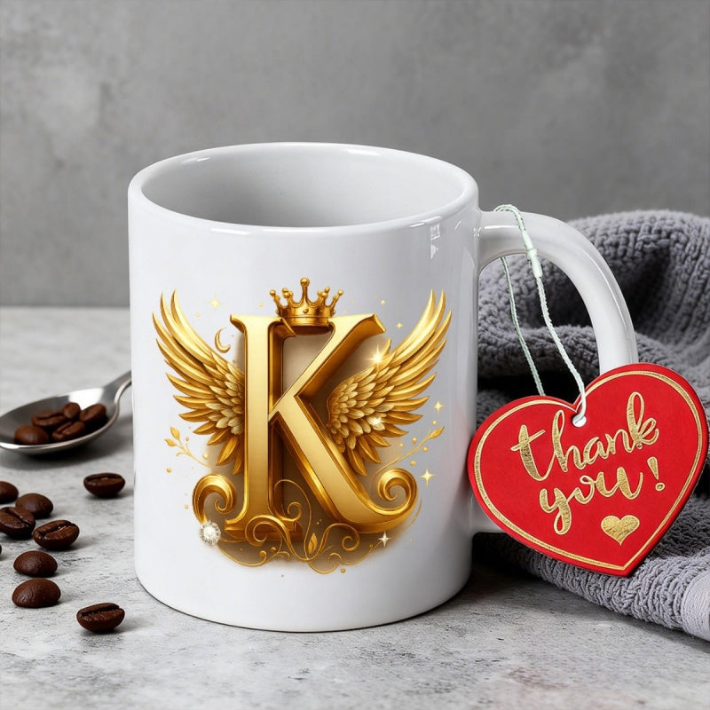 Tailorly White Ceramic 11 oz Mug - Thank You Elegant Golden Artistic Letter K With Angelic Wings And Crown Monogram