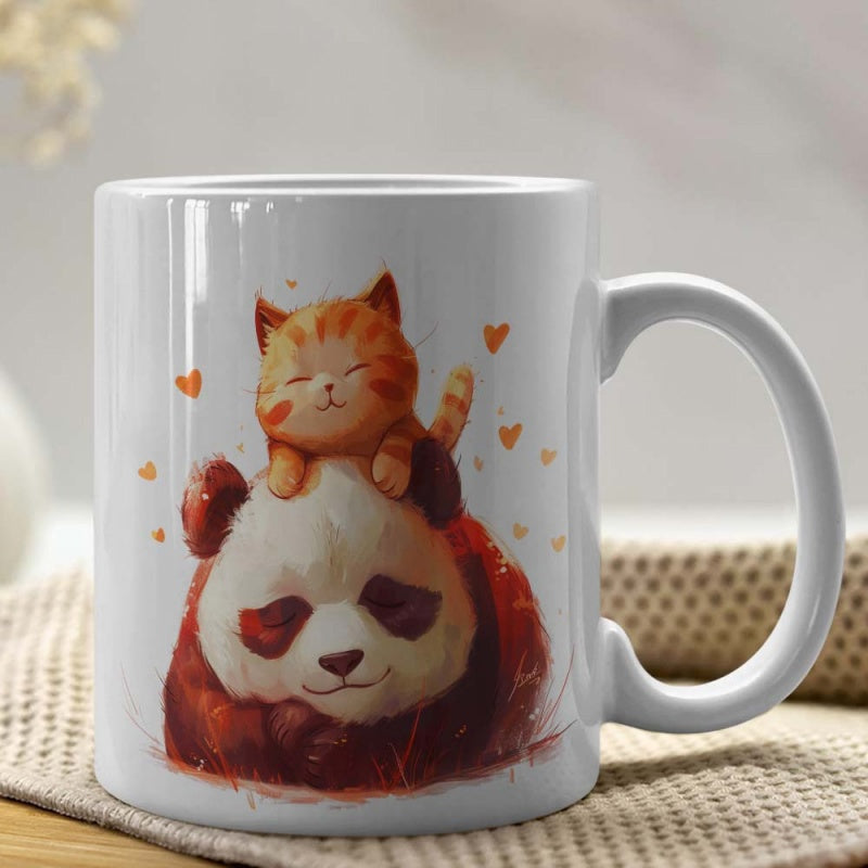 Tailorly White Ceramic 11 oz Mug - Adorable Ginger Kitten Resting Peacefully Atop A Sleeping Giant Panda