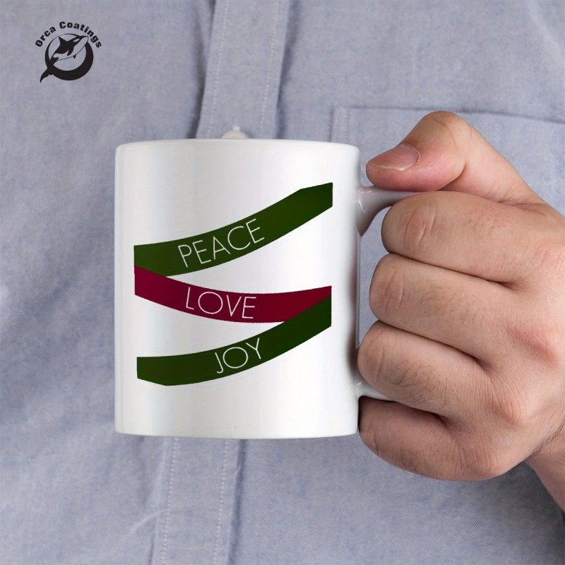 Tailorly White Ceramic 11 oz Mug - Peace Love Joy Elegant Flowing Wavy Ribbons Featuring Festive Green And Deep Maroon Colors Ribbon