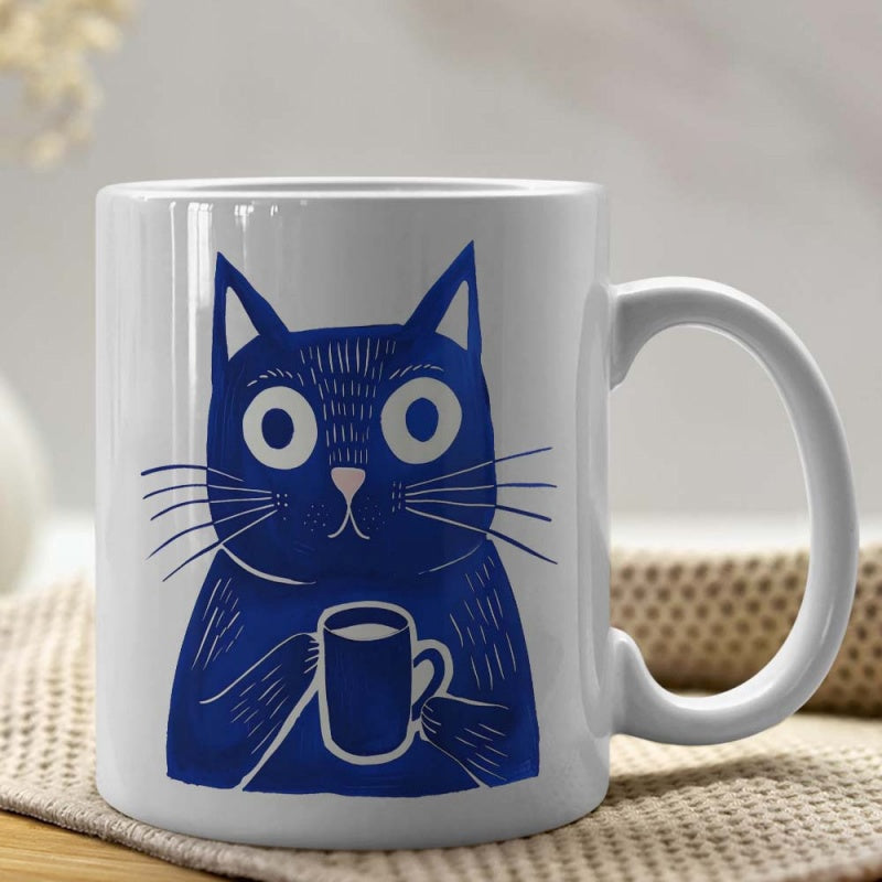 Tailorly White Ceramic 11 oz Mug - Whimsical Hand Drawn Blue Feline Holding Coffee Cup In Minimalist Artistic Style Cat