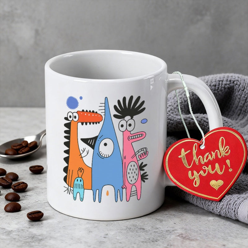 Tailorly White Ceramic 11 oz Mug - Colorful Hand Drawn Doodle Creatures With Big Eyes And Whimsical Features Monster