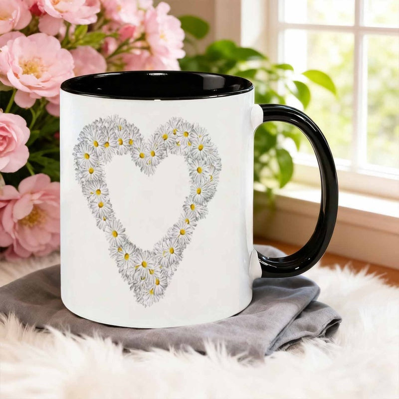 Tailorly Black Accent 11 oz Mug - realistic daisies in a heart shape