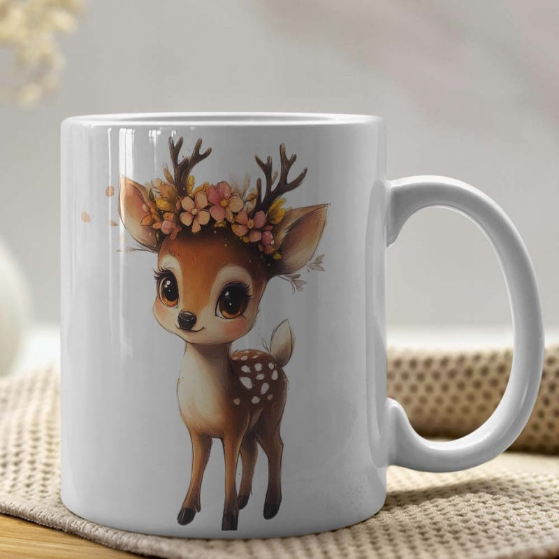 Tailorly White Ceramic 11 oz Mug - Adorable Baby Fawn Wearing Colorful Floral Crown And Decorative Spots Deer