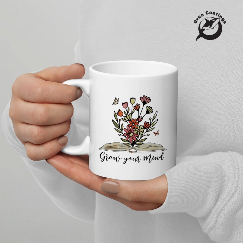 Tailorly White Ceramic 11 oz Mug - Grow Your Mind Colorful Wildflowers Blooming From An Open Book With Delicate Butterflies Flowers