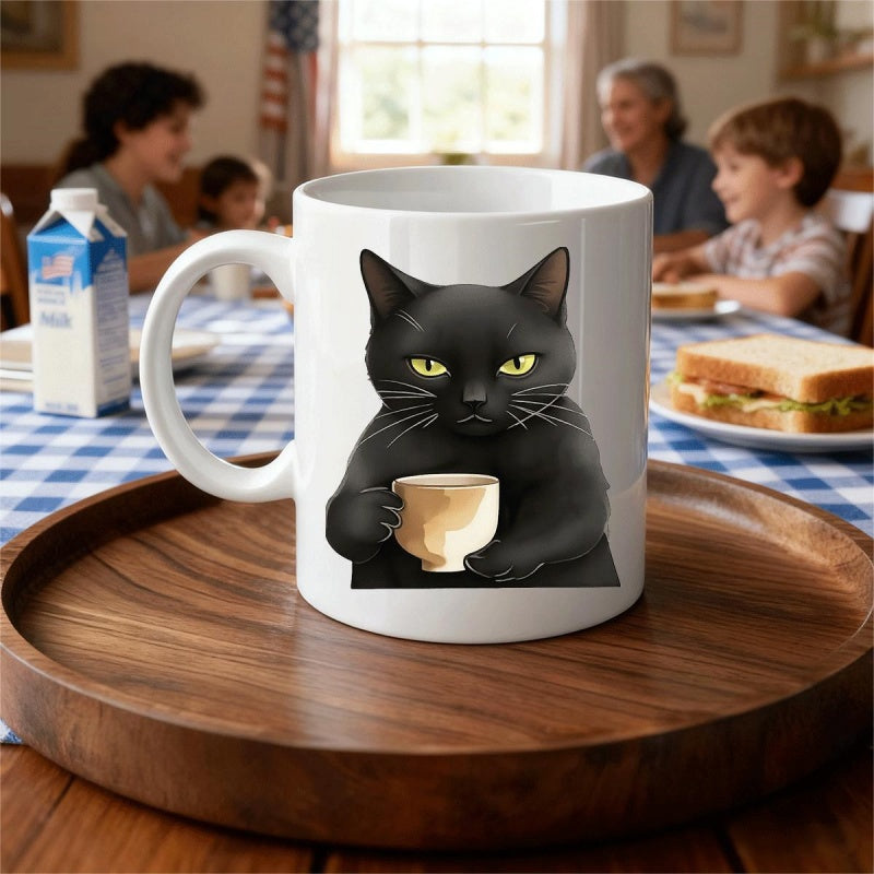 Tailorly White Ceramic 11 oz Mug - Grumpy Black Cat Holding A Cup Of Warm Coffee Cat