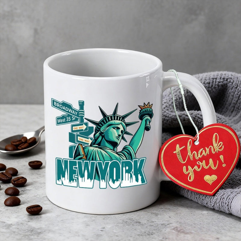 Tailorly White Ceramic 11 oz Mug - Broadway W 34 St Fifth Ave New York Iconic Teal Statue Standing Beside Traditional Street Directional Signs Under City