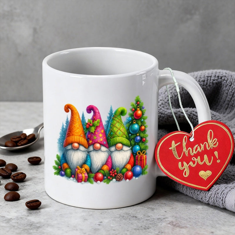 Tailorly White Ceramic 11 oz Mug - Thank You Three Colorful Festive Gnomes Standing Beside A Decorated Tree Gnomes