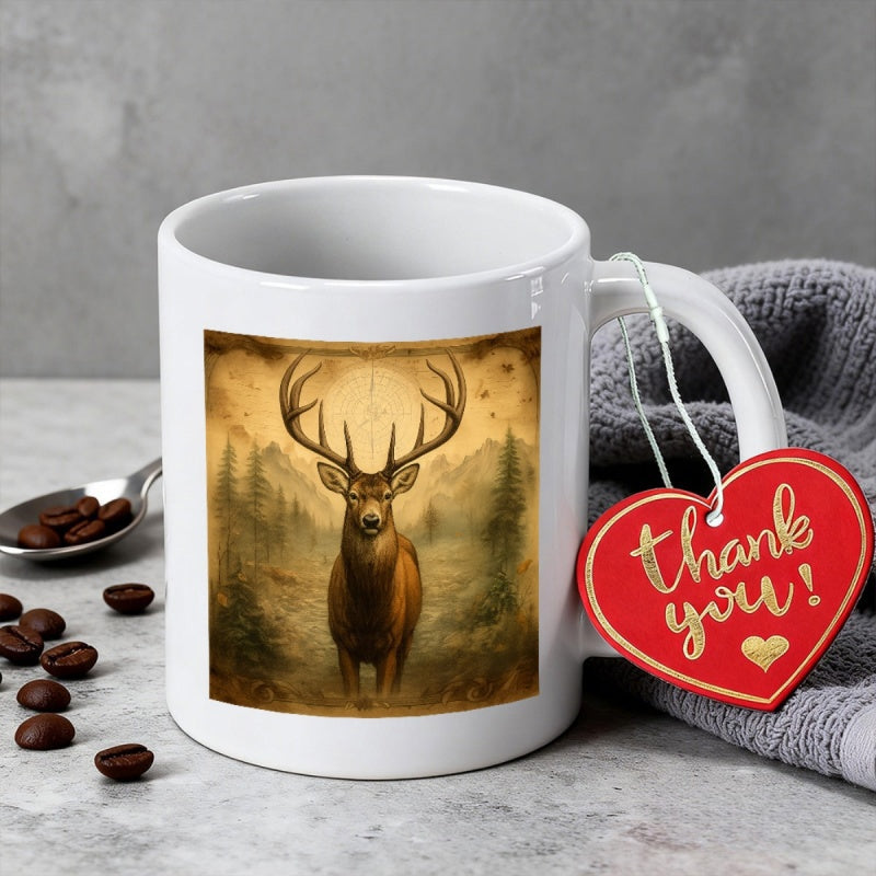 Tailorly White Ceramic 11 oz Mug - Majestic Antlered Stag Standing Amidst Misty Forest Pines And Mountain Peaks Deer