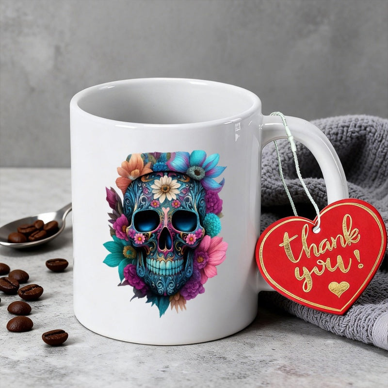 Tailorly White Ceramic 11 oz Mug - Thank You Colorful Floral Ornate Mexican Day Of The Dead Artistic Sugar Skull