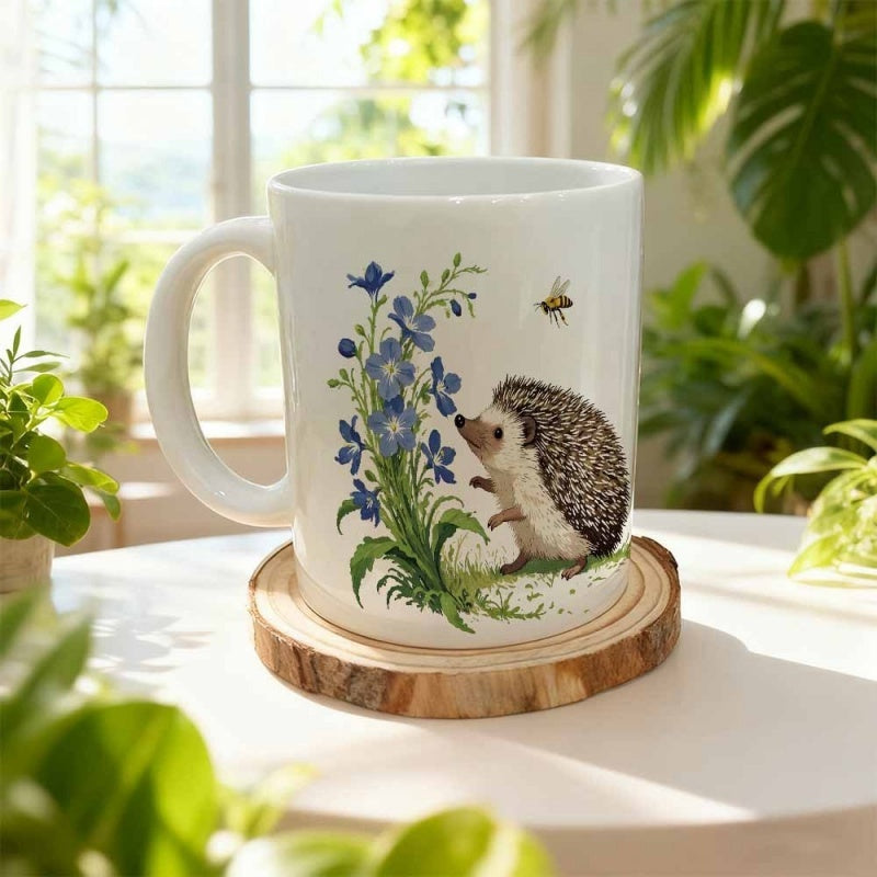 Tailorly White Ceramic 11 oz Mug - Charming Little Animal Sniffing Blue Flowers In A Sunny Garden Hedgehog