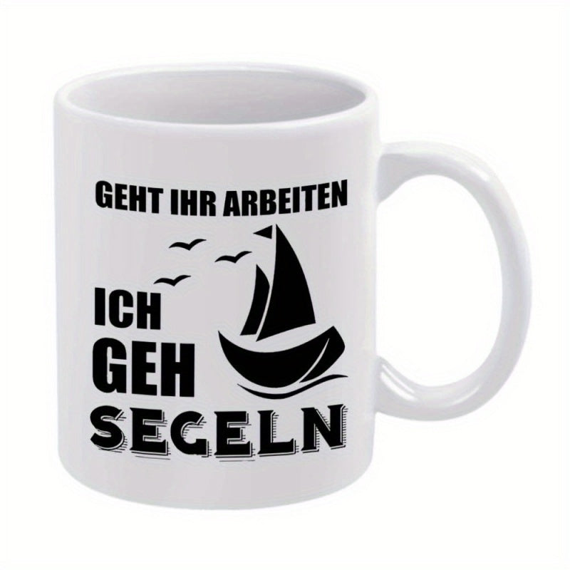 Tailorly White Ceramic 11 oz Mug - Minimalist Black Silhouette With Flying Birds Above Calm Ocean Waves Sailboat