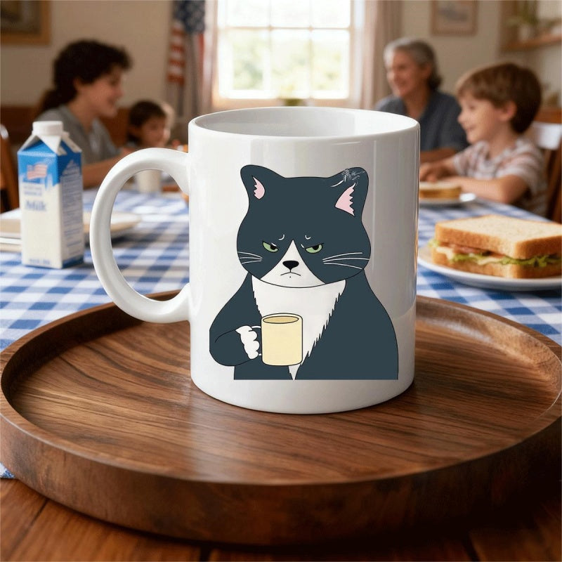 Tailorly White Ceramic 11 oz Mug - Grumpy Cartoon Black And White Cat Holding Small Yellow Mug Cat