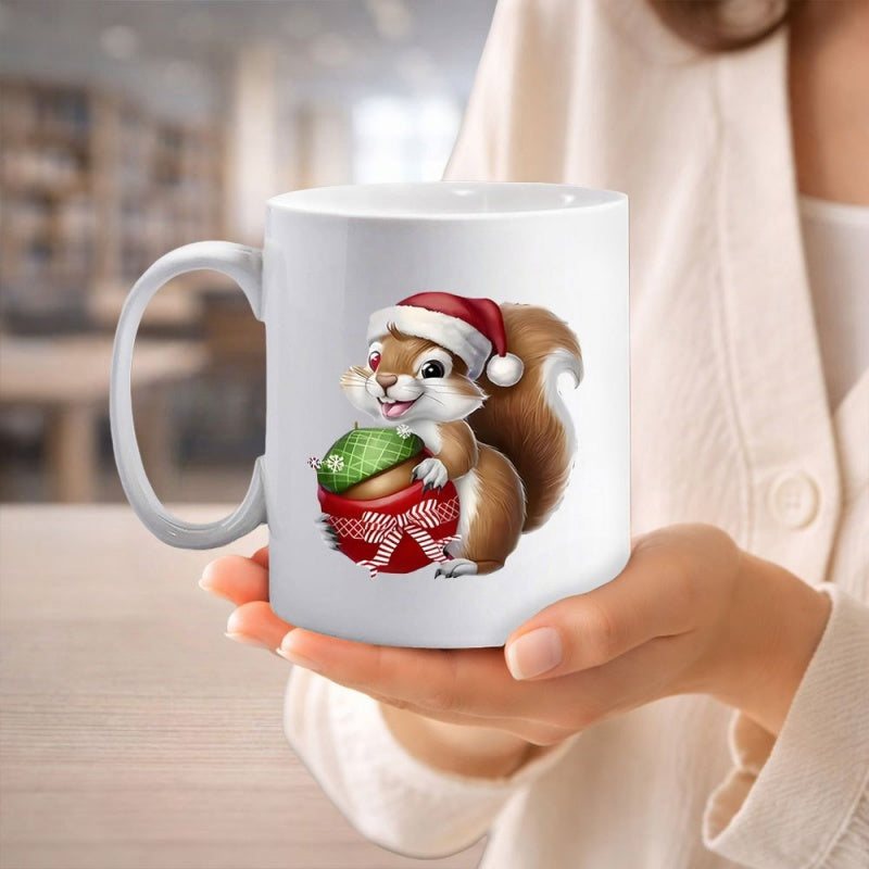 Tailorly White Ceramic 11 oz Mug - Festive Adorable Cartoon Character Wearing Santa Hat Holding Christmas Gift Acorn Squirrel