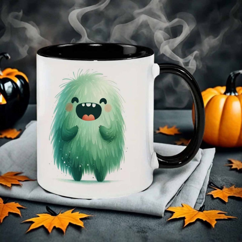 Tailorly Black Accent 11 oz Mug - watercolor style green furry monster