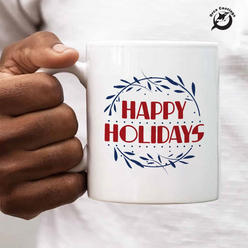 Tailorly White Ceramic 11 oz Mug - Happy Holidays Festive Red Script Inside A Minimalist Blue Leafy Circular Wreath