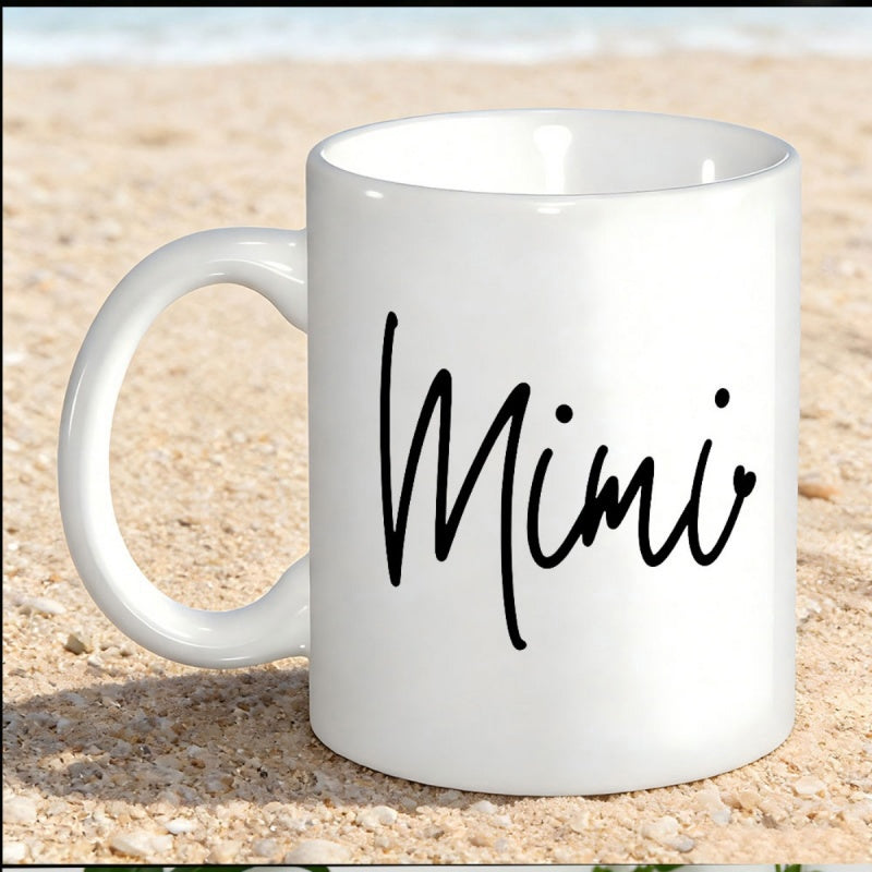 Tailorly White Ceramic 11 oz Mug - Mimi Elegant Handwritten Script With Small Delicate Heart On