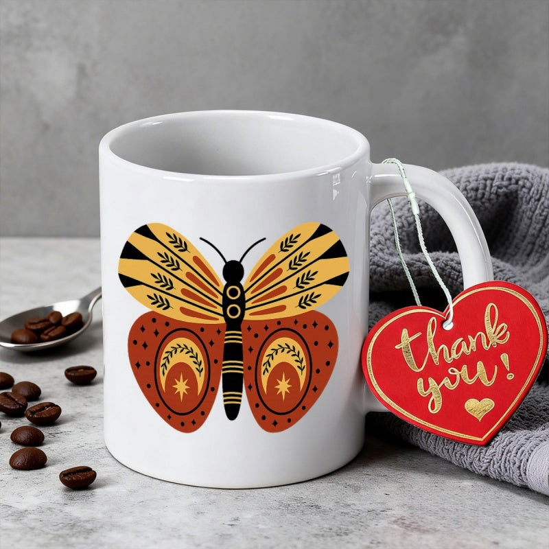 Tailorly White Ceramic 11 oz Mug - Thank You Symmetrical Earth Tone Wings With Intricate Folk Patterns And Delicate Antenna Butterfly