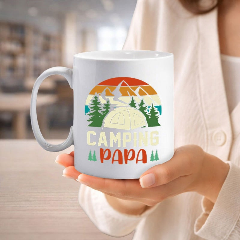 Tailorly White Ceramic 11 oz Mug - Camping Papa Retro Sunset Scenery Featuring Pine Trees And Tent Near Mountain
