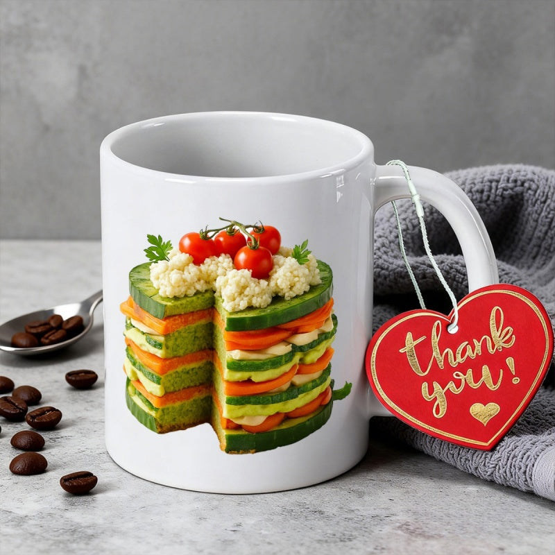 Tailorly White Ceramic 11 oz Mug - Vibrant Layered Sliced Cucumber And Carrot Stack With Fresh Cherry Tomatoes Cake