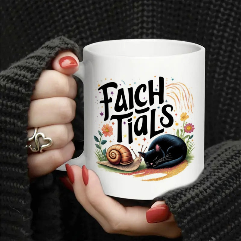 Tailorly White Ceramic 11 oz Mug - Faich Tials Sleeping Black Cat Beside A Snail In A Garden Of Flowers Cat