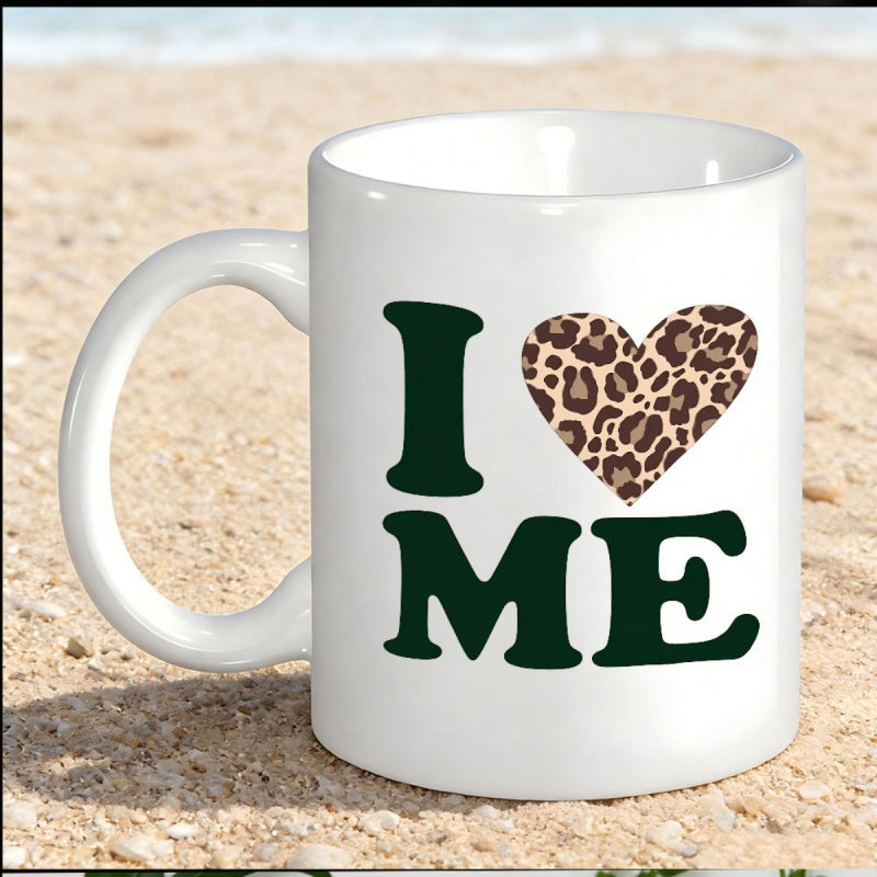 Tailorly White Ceramic 11 oz Mug - I Me Leopard Print Texture Inside A Heart Shape Featuring Dark Bold Typography Mug