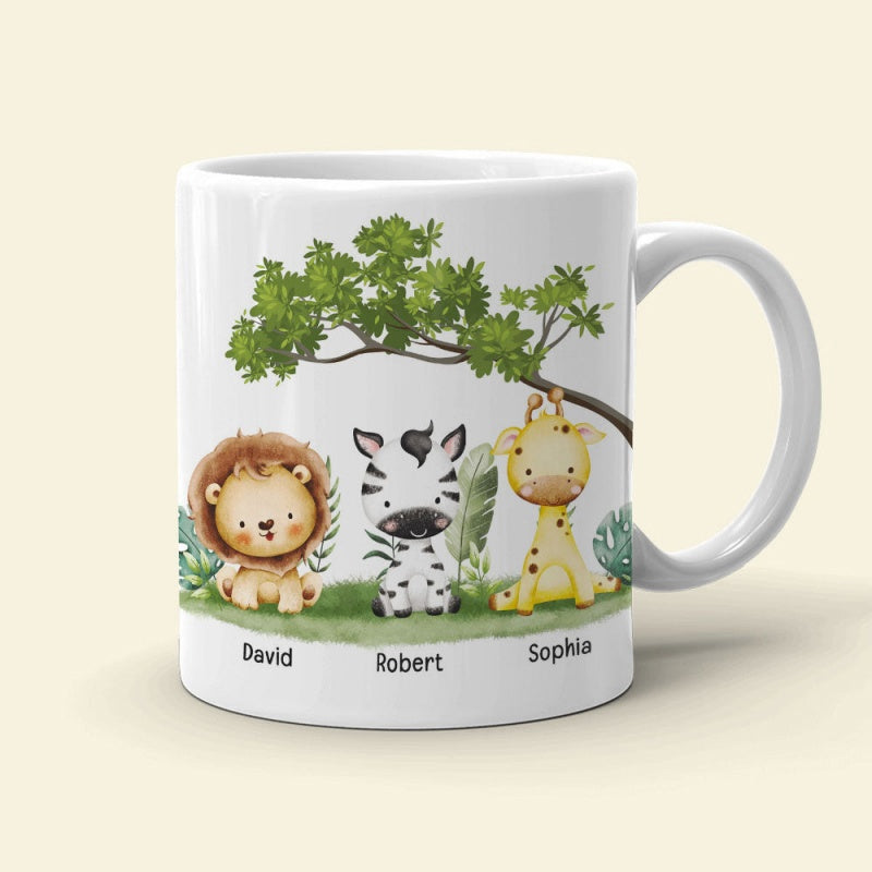 Tailorly White Ceramic 11 oz Mug - David Robert Sophia Adorable Watercolor Safari Creatures Resting On Grass Under Green Tree Animals