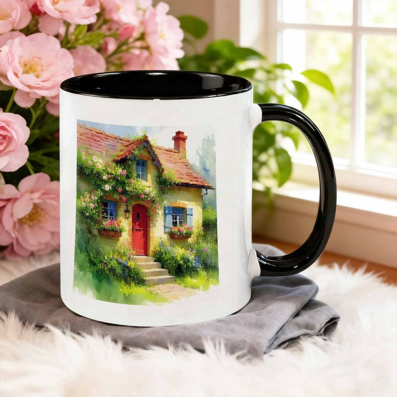 Tailorly Black Accent 11 oz Mug - watercolor style flower arrangement