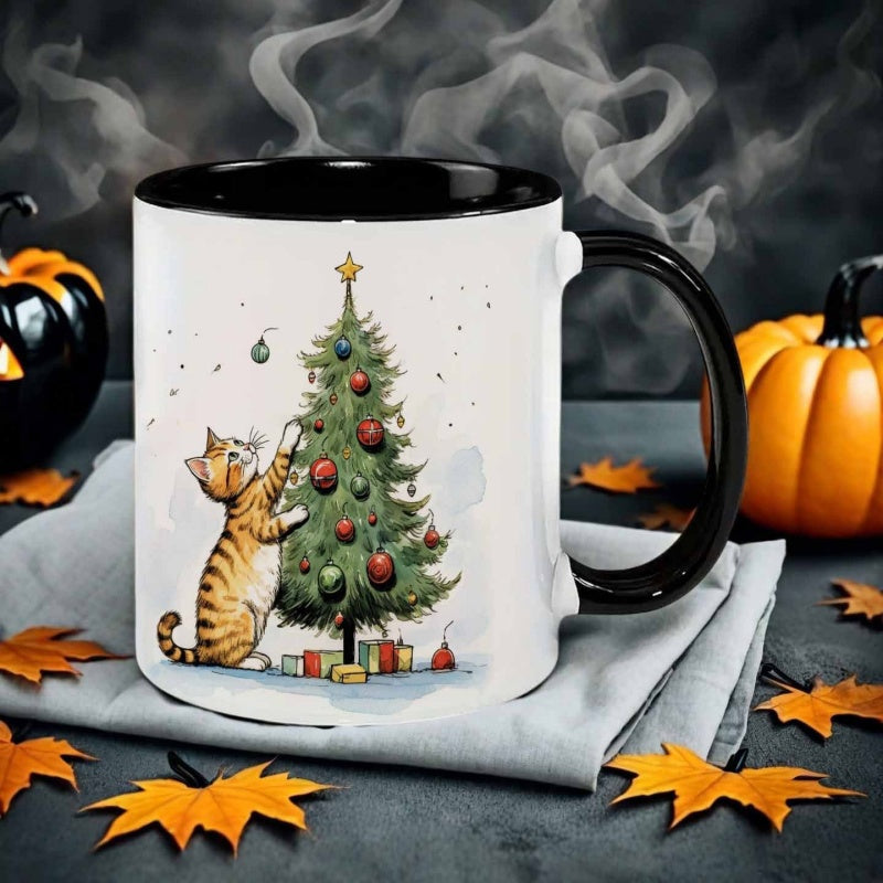 Tailorly Black Accent 11 oz Mug - hand drawn style cat decorating tree