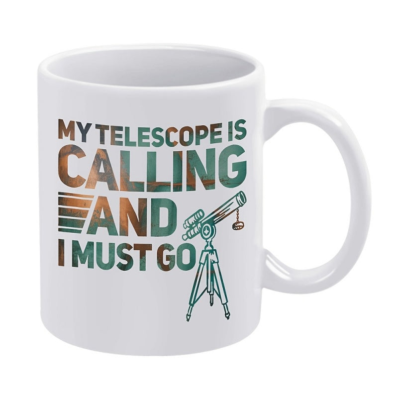 Tailorly White Ceramic 11 oz Mug - My Telescope Is Calling And I Must Go Vintage Style Sunset Forest Silhouette Gradient Standing On Metal Tripod Telescope