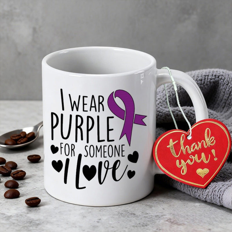 Tailorly White Ceramic 11 oz Mug - I Wear Purple For Someone I Love Supportive Awareness Symbol Featuring A Soft Purple Ribbon And Hearts Ribbon
