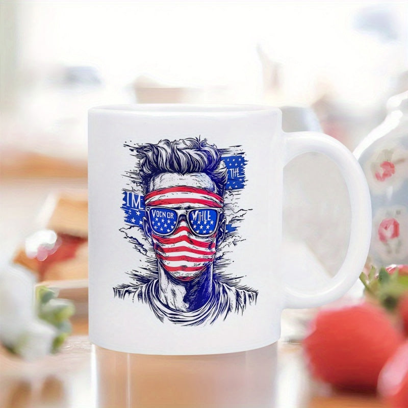 Tailorly White Ceramic 11 oz Mug - Stylized Patriotic Portrait Featuring American Flag Patterns On Face Bandana Sunglasses Man