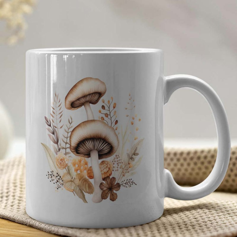Tailorly White Ceramic 11 oz Mug - Vintage Earthy Botanical Plants And Leaves Surrounding A Wild Forest Mushroom