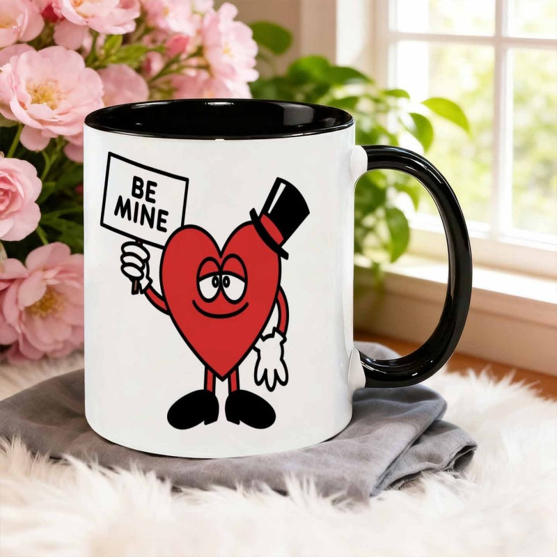 Tailorly Black Accent 11 oz Mug - cartoon style red heart holding sign for love