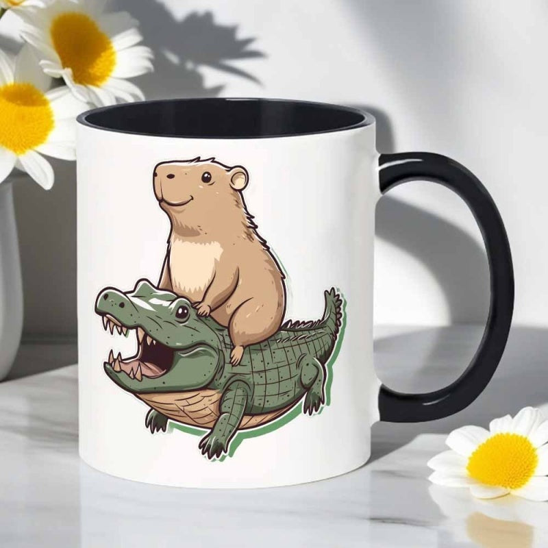 Tailorly Black Accent 11 oz Mug - capybara riding crocodile