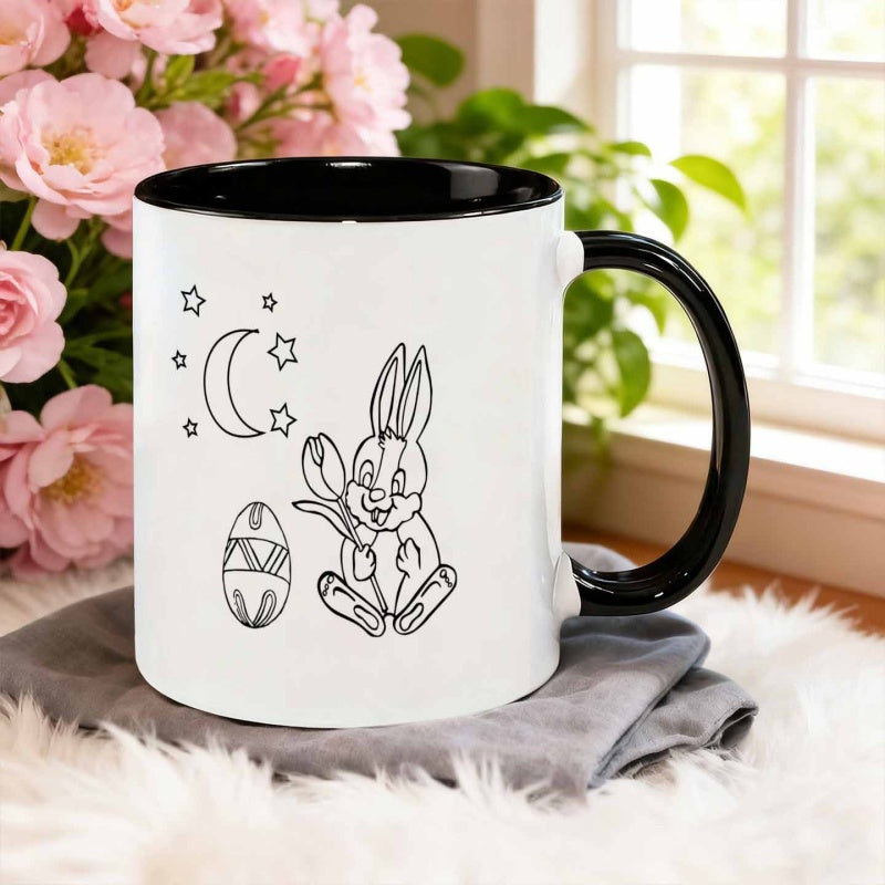 Tailorly Black Accent 11 oz Mug - rabbit holding flower egg