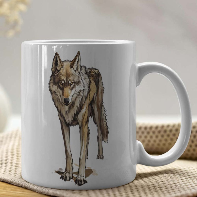Tailorly White Ceramic 11 oz Mug - Majestic Wild Predator Standing Proudly In A Realistic Artistic Style Wolf