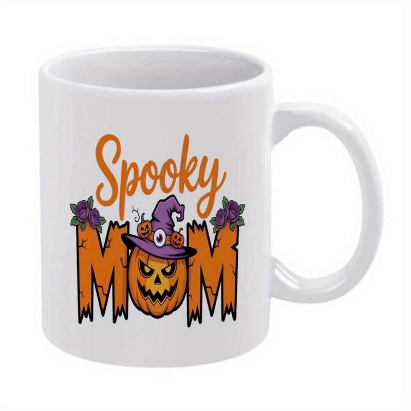 Tailorly White Ceramic 11 oz Mug - Spooky Mom Halloween Pumpkin Wearing Purple Witch Hat Among Festive Roses Jack O Lantern