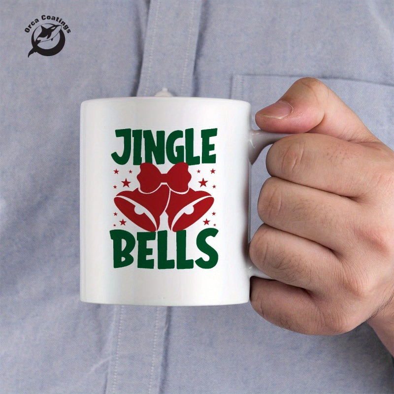 Tailorly White Ceramic 11 oz Mug - Jingle Bells Festive Red Holiday Ribbon With Sparkling Stars And Bells