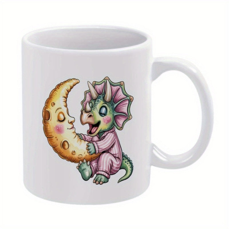 Tailorly White Ceramic 11 oz Mug - Adorable Cartoon Dinosaur Wearing Pink Pajamas Hugging A Smiling Crescent Moon Triceratops
