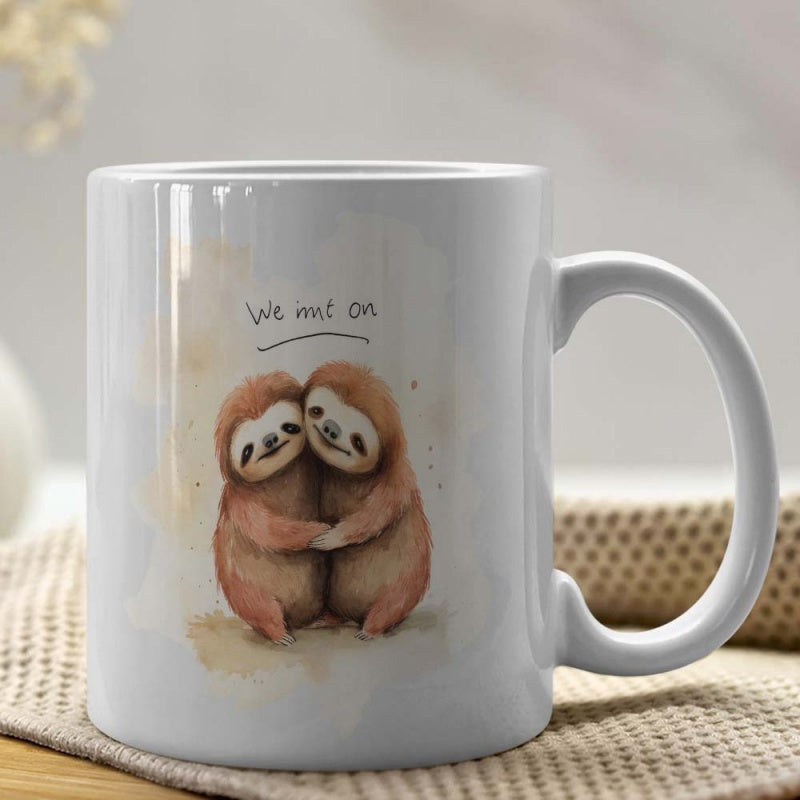 Tailorly White Ceramic 11 oz Mug - We Knit On Adorable Hand Drawn Watercolor Animals Hugging Each Other In Sweet Embrace Sloth