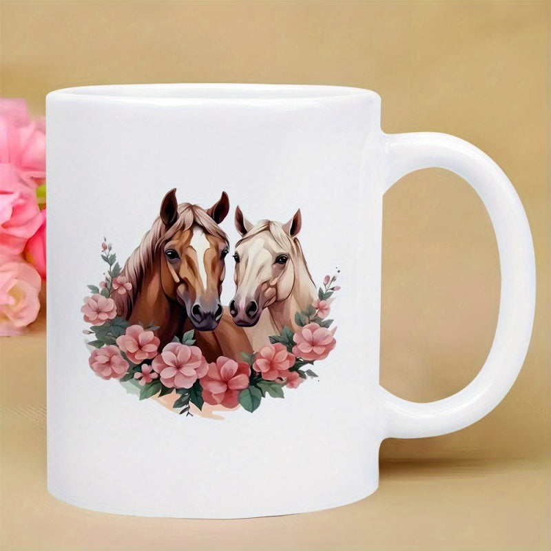 Tailorly White Ceramic 11 oz Mug - Elegant Pair Of Horses Surrounded By Blooming Pink Spring Flowers Horse