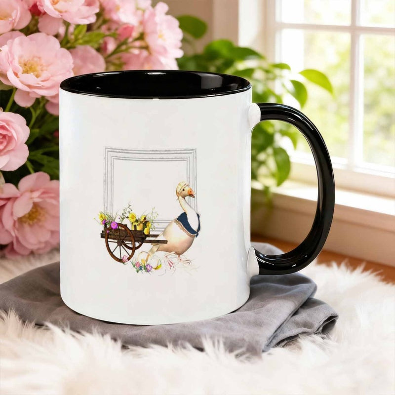 Tailorly Black Accent 11 oz Mug - realistic goose pushing a flower cart with eggs